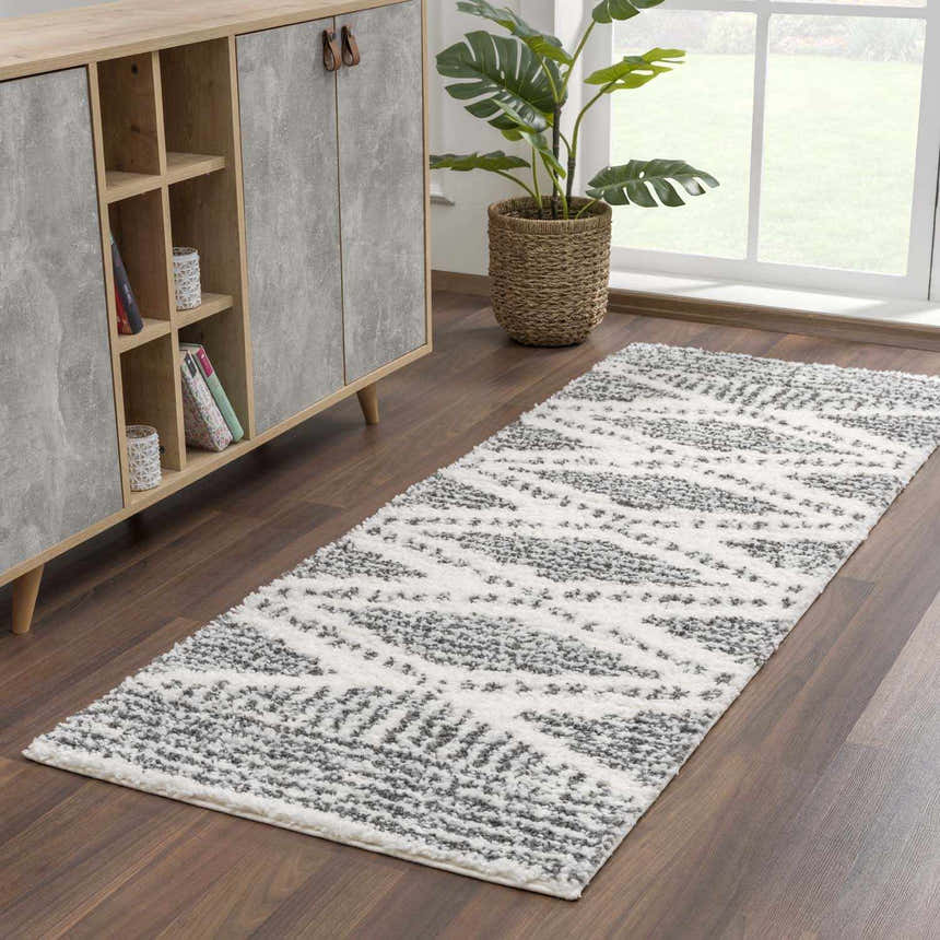 Entryway scene with a charcoal and cream Trunding Plush Area Rug, wood floors, cabinet, and potted plant. Roomscene-Runner