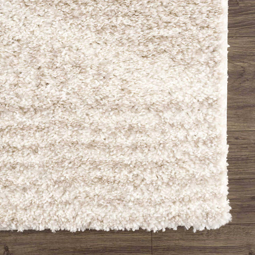 Close-up of the plush Hauteloom Trunding Rug in Light Beige, showing its shag texture and soft cream color on dark wood floor. Swatch