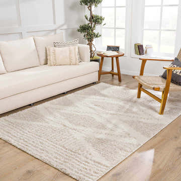 Living room scene with a light beige Hauteloom Trunding Plush Rug, cream sofa, wooden chair, and light wood floors. Roomscene-Rectangle