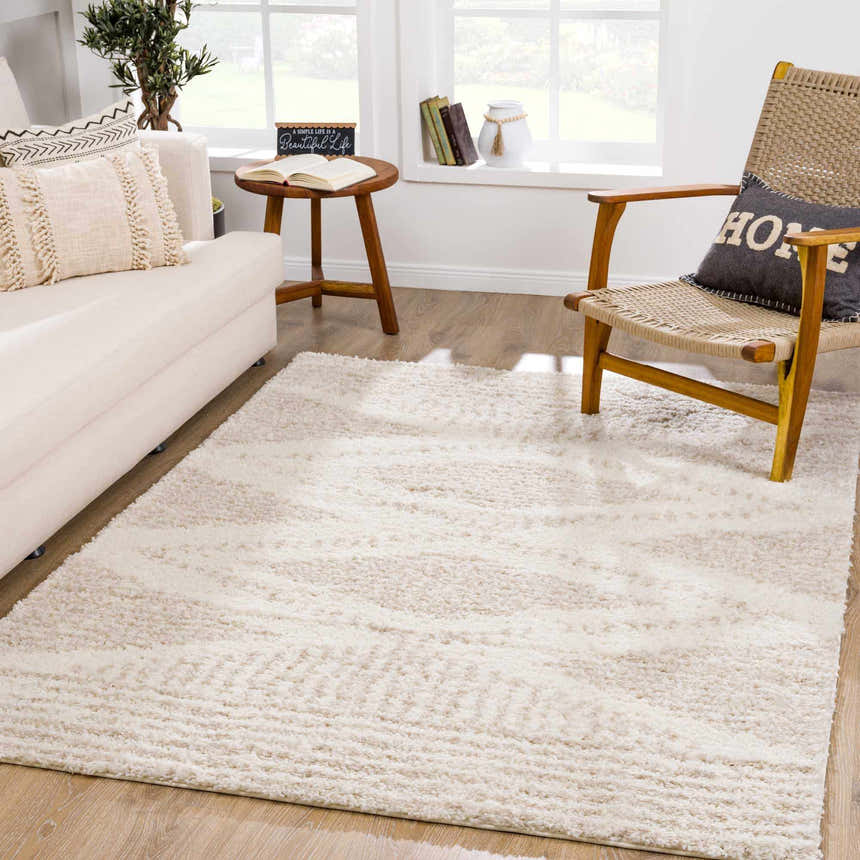 Living room scene with a light beige Hauteloom Trunding Plush Rug, cream sofa, and wooden chair. Natural light and cozy feel. Roomscene-Rectangle