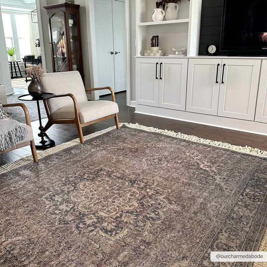 Living room scene with a Greenpoint Dusty Blue Washable Rug, neutral armchairs, and white built-in shelving. Roomscene-Rectangle