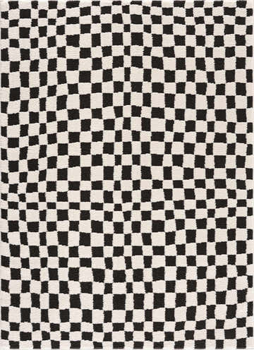 Close-up of the Lajos Black & White Checkered Plush Rug. Features a geometric checkerboard pattern in black and ivory. Design-Rectangle-537
