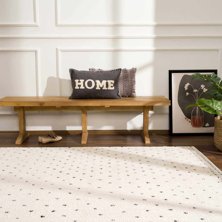 Entryway scene with a beige Julie Area Rug featuring a black polka dot pattern. Roomscene-Rectangle