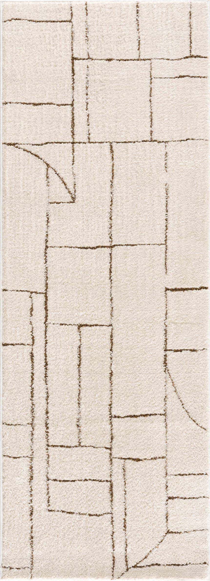 Close-up of Keats Area Rug featuring a beige pile with a brown geometric pattern. Contemporary style. Design-Runner-2773