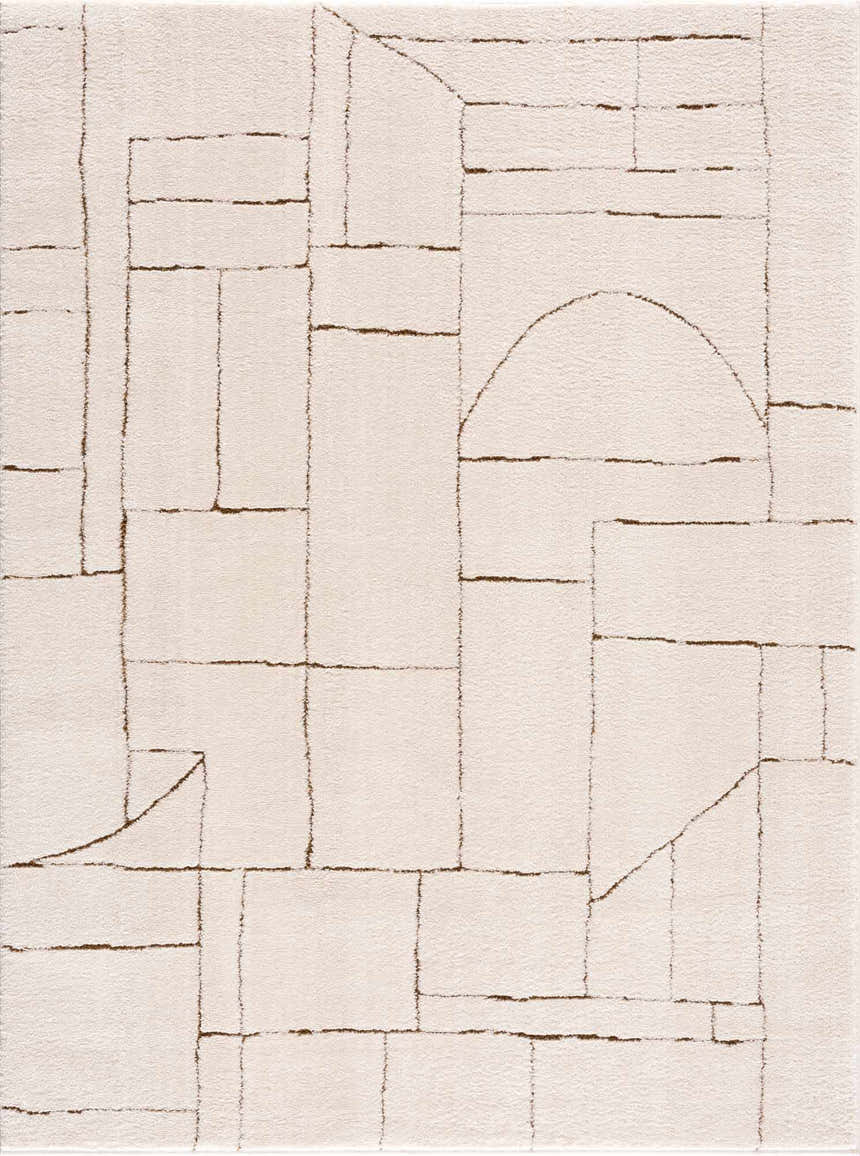 Close-up of the Keats Area Rug, a beige rug with a brown geometric pattern and soft, plush texture. Design-Rectangle-537