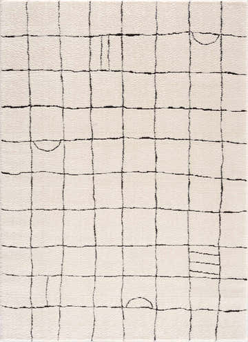 Close-up of the Keanu Black & White Area Rug. Beige rug with a black geometric grid pattern. Contemporary style. Design-Rectangle