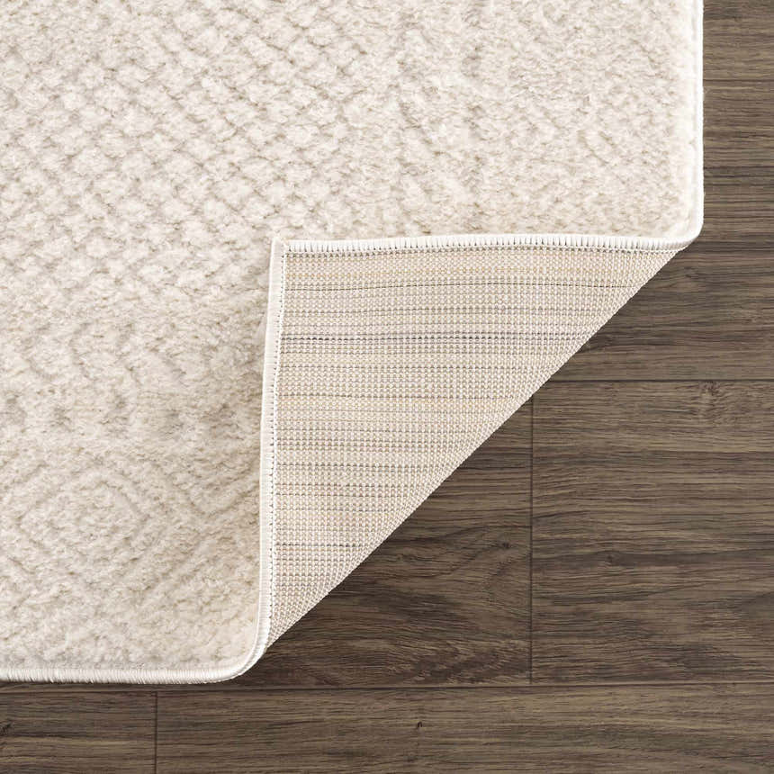 Close-up of the ivory Julio Area Rug showing its textured pile and backing on a dark wood floor. Fold