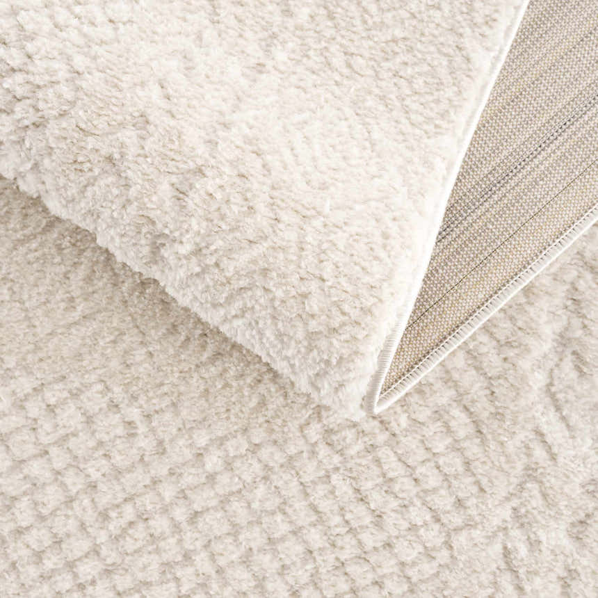 Close up of the plush, ivory Julio Ivory Area Rug showing the textured weave and backing. Fold