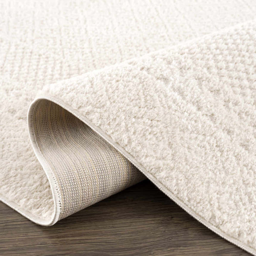 Close-up of the plush Julio Ivory Area Rug showing its soft texture and woven backing. Fold