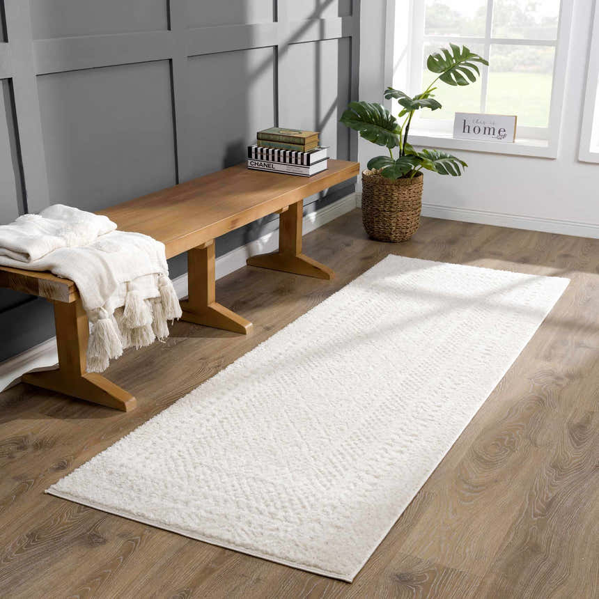 Entryway with a wood bench, monstera plant, and Julio Ivory Area Rug runner. Roomscene-Runner