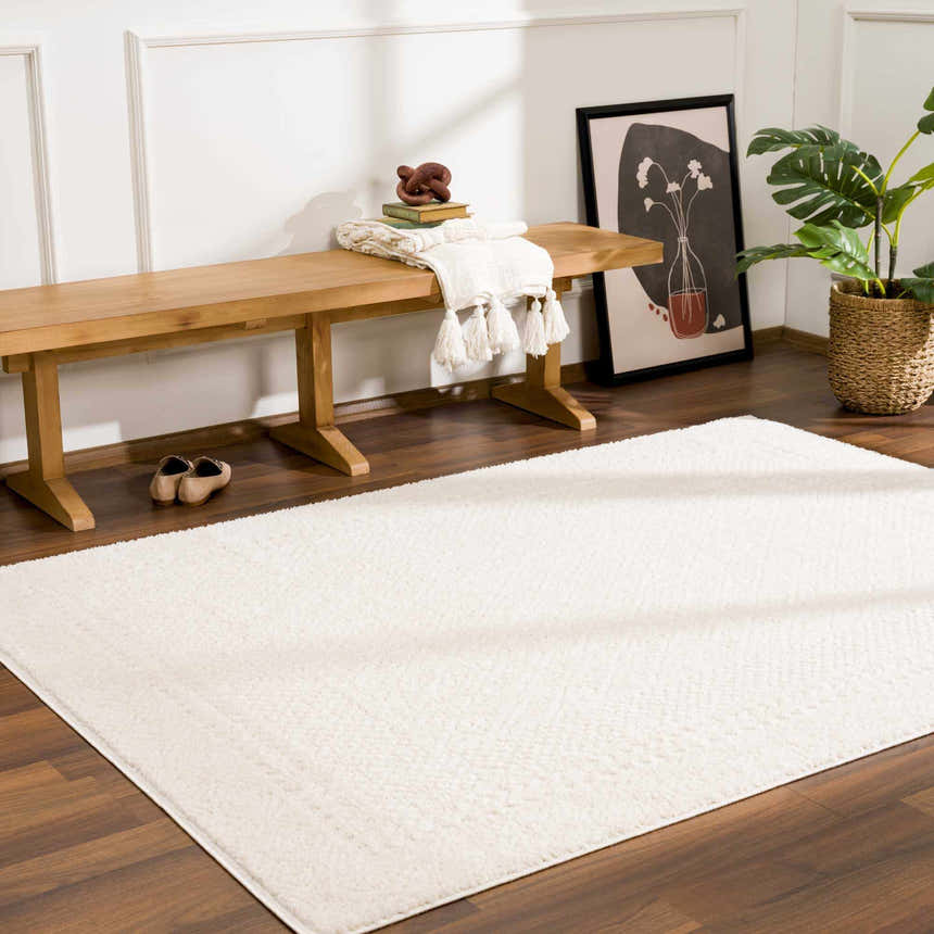 Entryway scene with a light wood bench and the ivory Julio Area Rug on a dark wood floor. Roomscene-Rectangle