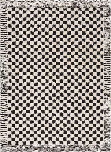 Close-up of the Leryn Black & White Checkered Area Rug. Features a bold checkerboard pattern and textured fringe. Design-Rectangle-537