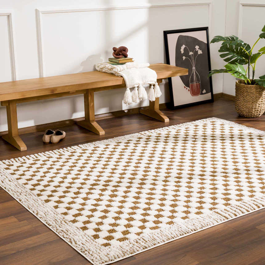Entryway with Leryn Brown Checkered Plush Rug, wood bench, art print, and plant. Warm, inviting, contemporary style. Roomscene-Rectangle