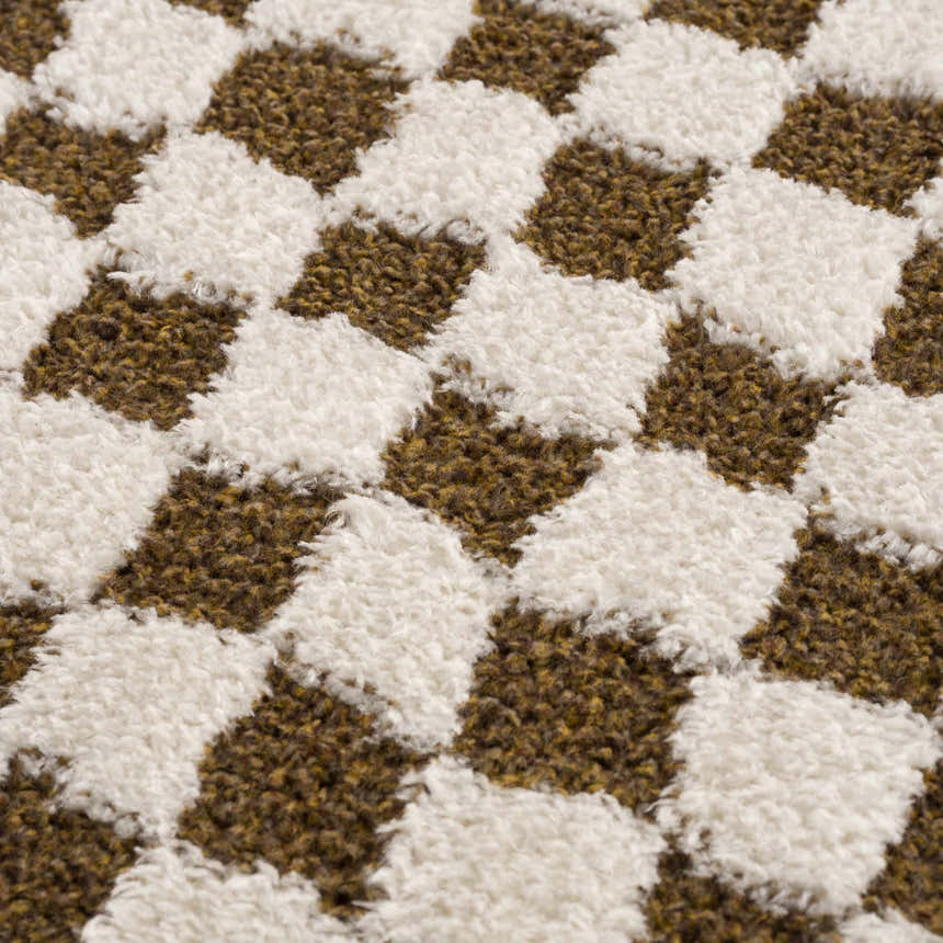 Close-up of the plush Leryn Brown Checkered Rug. Features a brown and ivory checkered pattern with a soft, textured pile. Texture