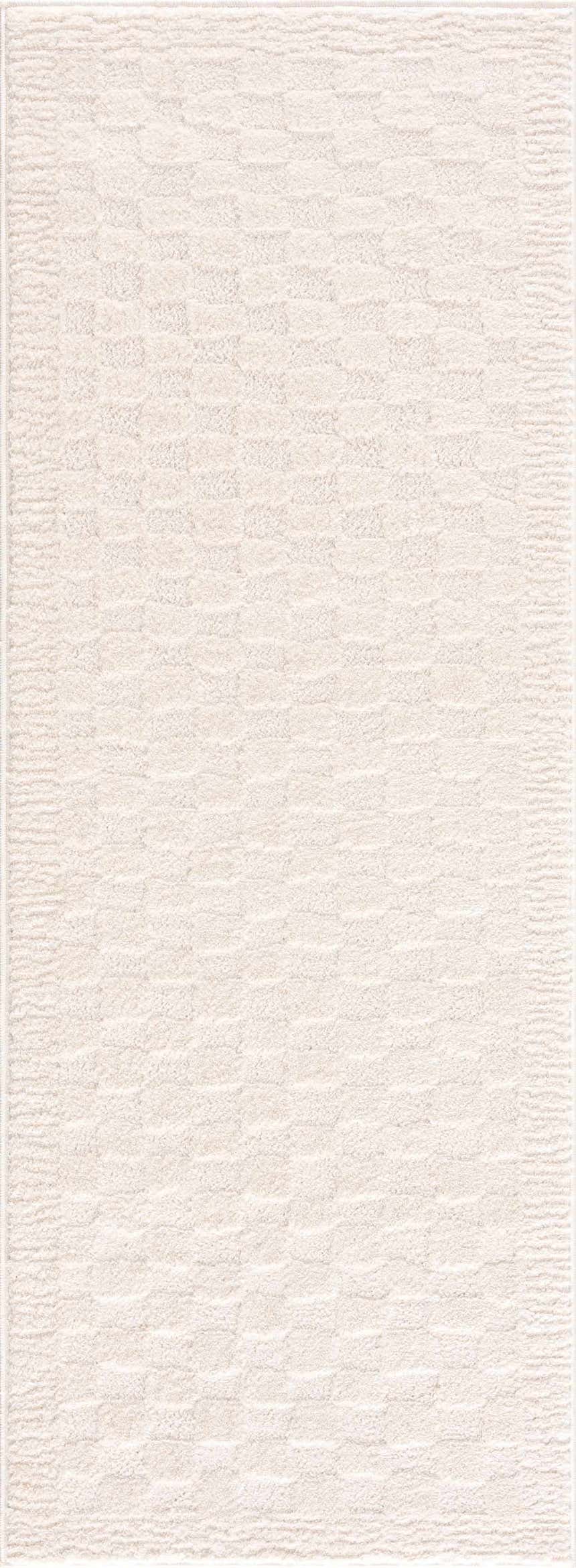 Close-up of the Leryn Ivory Checkered Area Rug, showcasing its beige and ivory geometric pattern and soft, textured weave. Design-Runner-2773