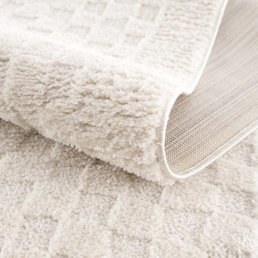 Close-up of the plush, ivory Leryn Ivory Checkered Area Rug showing its geometric checkered pattern and woven backing. Fold