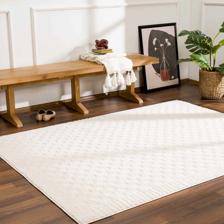 Entryway with Leryn Ivory Checkered Area Rug, wood bench, art, and plant. Neutral, inviting, and contemporary style. Roomscene-Rectangle