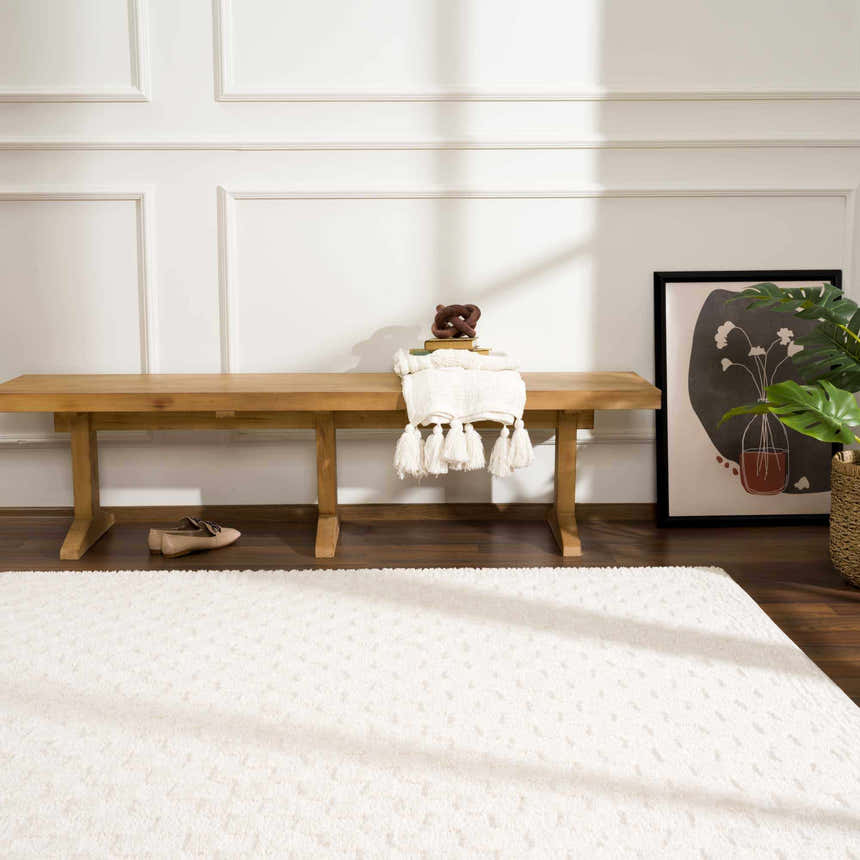 Entryway with a light wood bench and ivory Leryn Checkered Area Rug on a dark wood floor. Roomscene-Rectangle