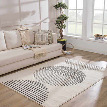 Living room scene with a cream sofa and the Mahsa Area Rug in black and cream. Roomscene-Rectangle