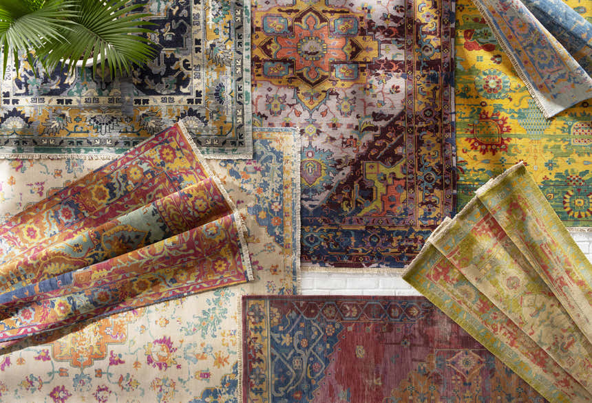 Brush Premium Handmade Wool Rug - Clearance displaying traditional patterns and colors like blue, red, and gold. Styleshot