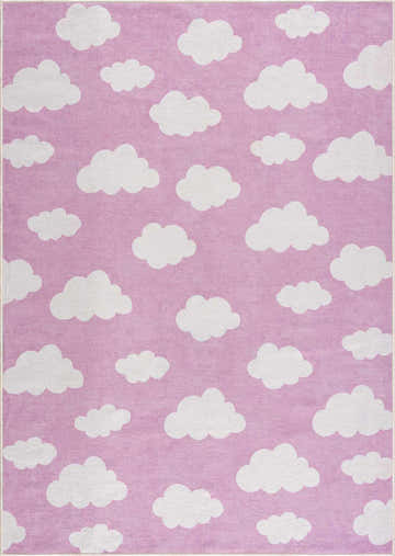 Close-up of Nizar Pink Cloud Washable Kids Rug, featuring a cream cloud pattern on a soft pink background. Design-Rectangle-46