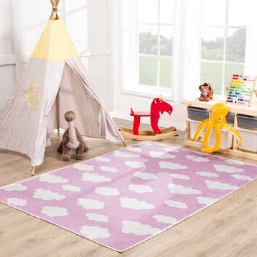 Kids room with a Nizar Pink Cloud Washable Kids Rug, teepee, rocking horse, and toy storage. Playful and bright. Roomscene-Rectangle