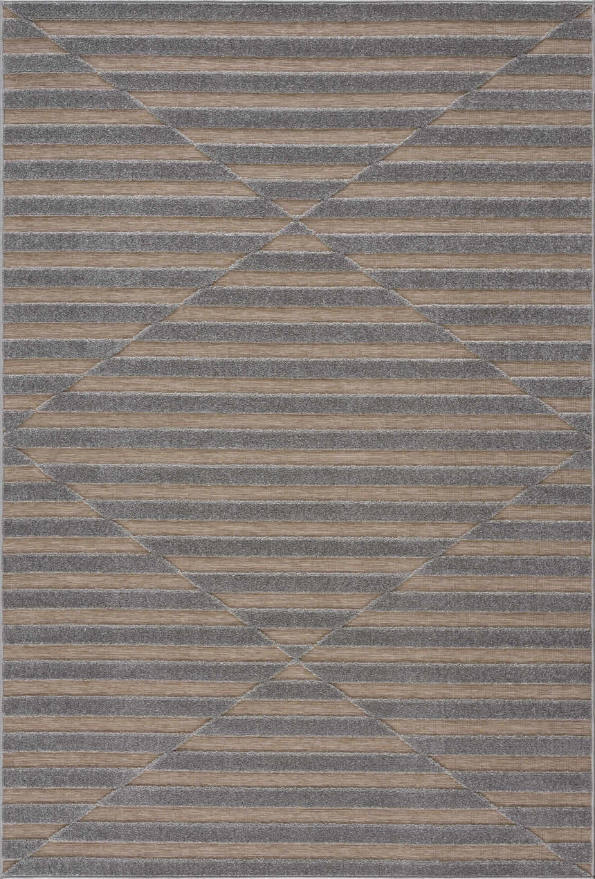 Close-up of Webuye 3D Outdoor Area Rug. Gray and brown striped geometric pattern. Contemporary style. Design-Rectangle-5373