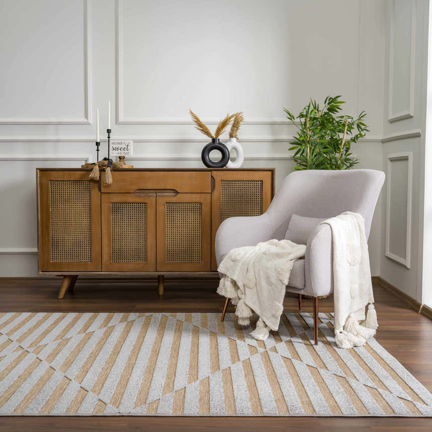 Living room scene with Webuye 3D Outdoor Area Rug in gray and brown, accent chair, and wood cabinet. Contemporary style. Roomscene-Rectangle