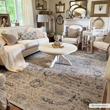 Living room with Georgiana Beige Area Rug, cream sofa, white coffee table, and vintage decor. Roomscene-Rectangle