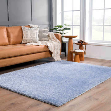 Living room with a Faina Solid Aqua Shag Rug, tan leather sofa, patterned pillows, and wood accent tables. Roomscene-Rectangle