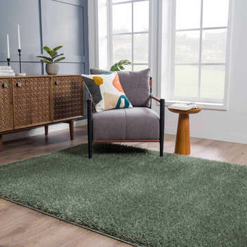 Living room scene with Faina Solid Green Shag Rug, gray chair, patterned pillow, wood cabinet, and bright natural light. Roomscene-Rectangle
