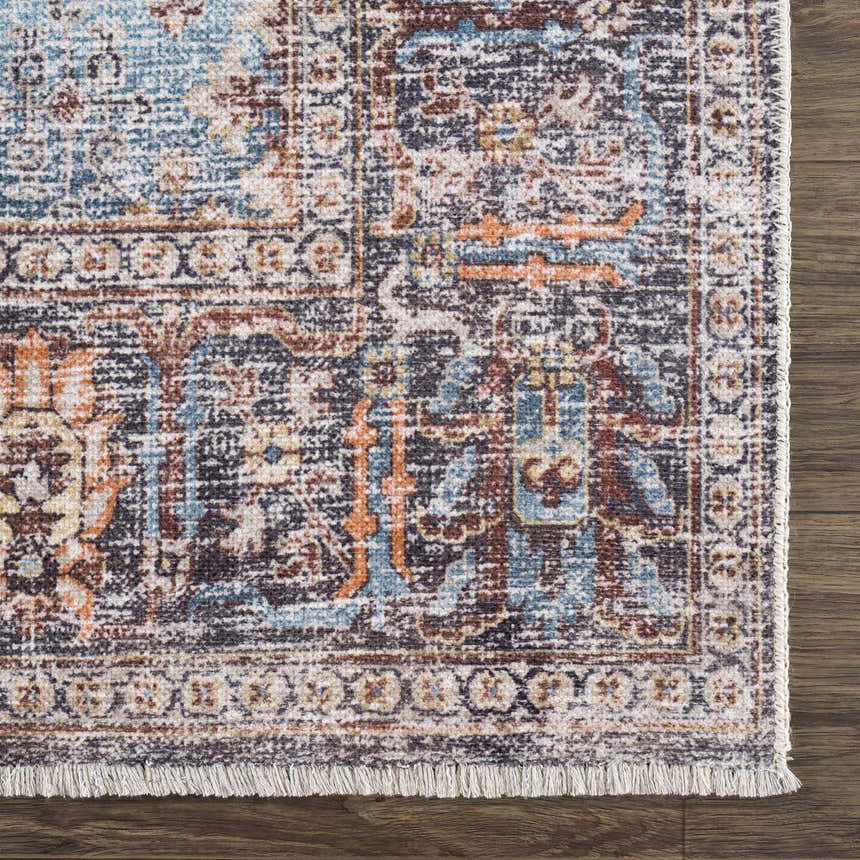 Close-up of the Blue Burgundy Holi-2302 Washable Area Rug. Features a traditional Persian-style pattern with beige, blue, and burgundy tones. Swatch