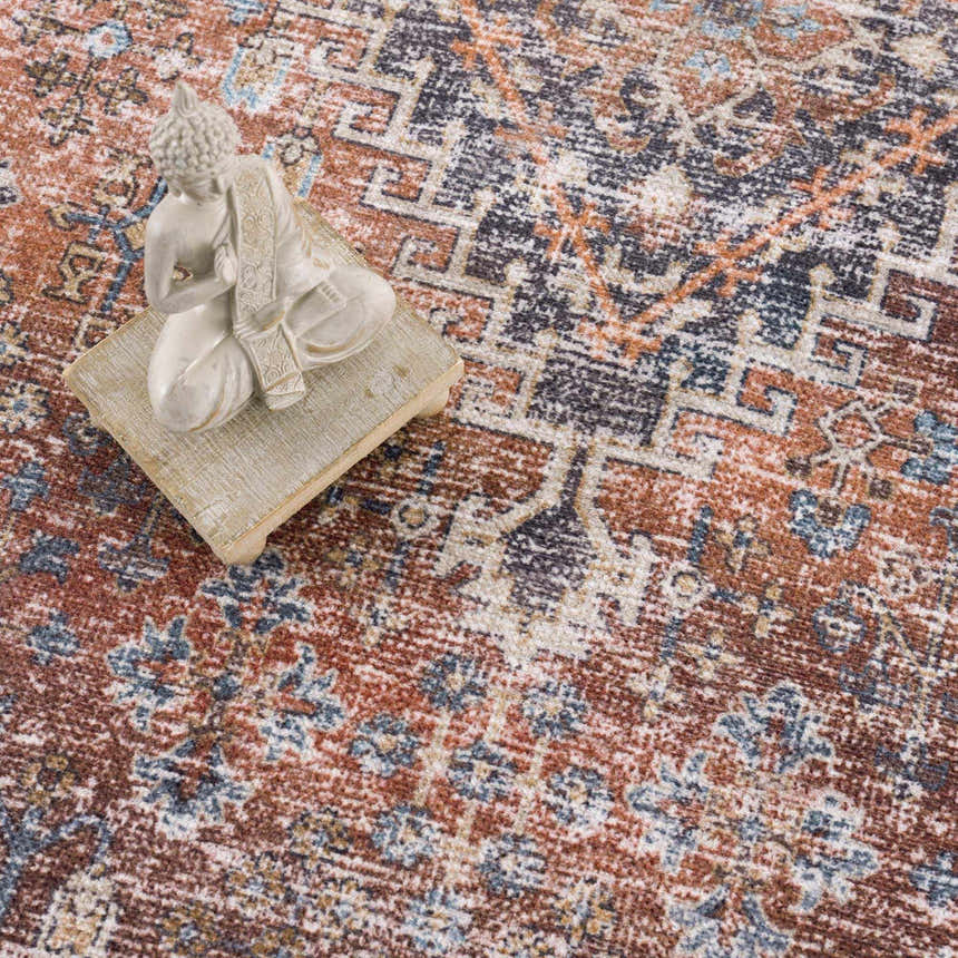 Close-up of the Blue Burgundy Holi-2302 Washable Area Rug, showcasing its Persian-inspired design and rich burgundy, blue and beige tones. Styleshot