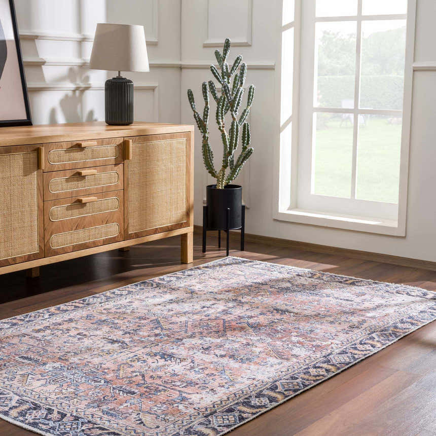 Living room scene with a light wood cabinet, cactus, and the burgundy and cream Holi-2305 Boutique Washable Rug. Roomscene-Rectangle