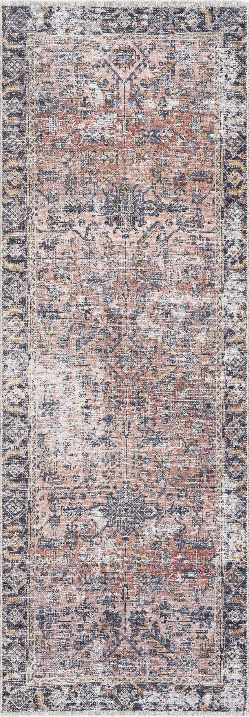 Close-up of the Holi-2305 Boutique Washable Rug, featuring a vintage-inspired design with burgundy, cream, and slate colors. Design-Runner-2773
