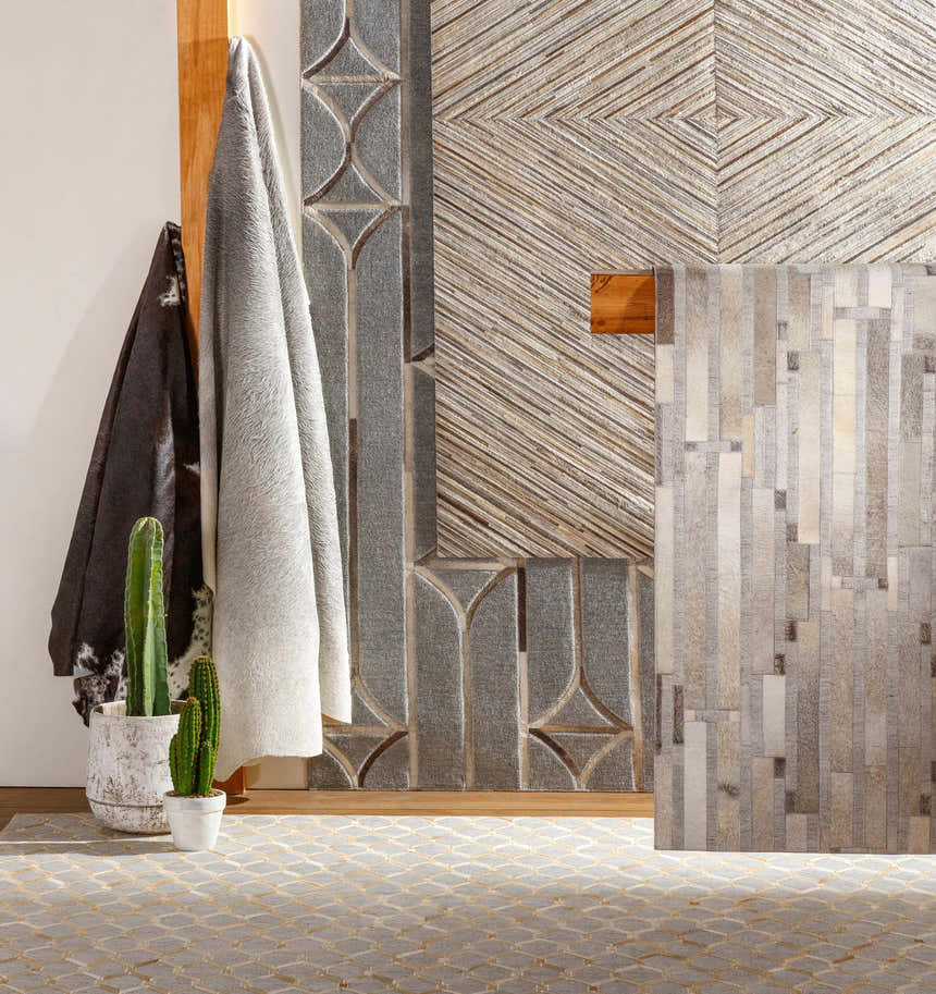 Modern mudroom scene with brown, cream, and gray Wauzeka Premium Area Rug, cactus, and textured wall art. Styleshot