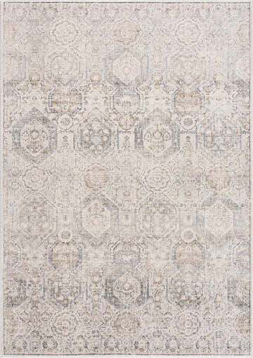 Close-up of the Parkerfield Area Rug. Beige, black, and gray tones with a vintage-inspired geometric pattern. Design-Rectangle-5373