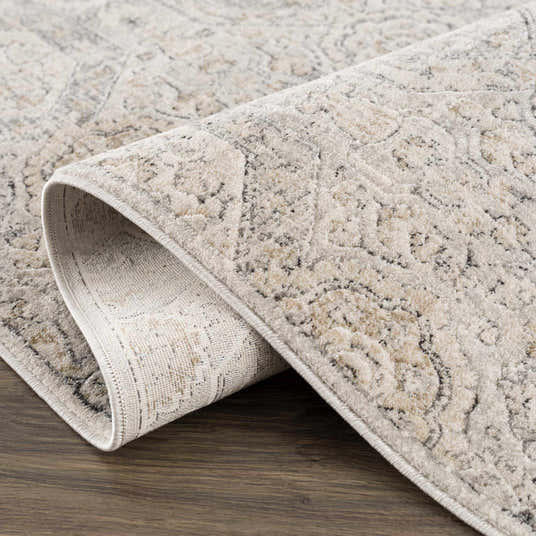 Close-up of the Parkerfield Area Rug showing its beige, black, and gray vintage-style pattern and soft, textured weave. Fold