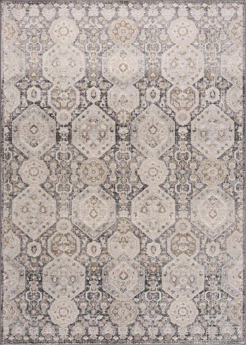 Detailed Minoa Area Rug close-up. Bohemian style rug in beige, black, charcoal, gray, mustard, and off-white. Design-Rectangle-5373