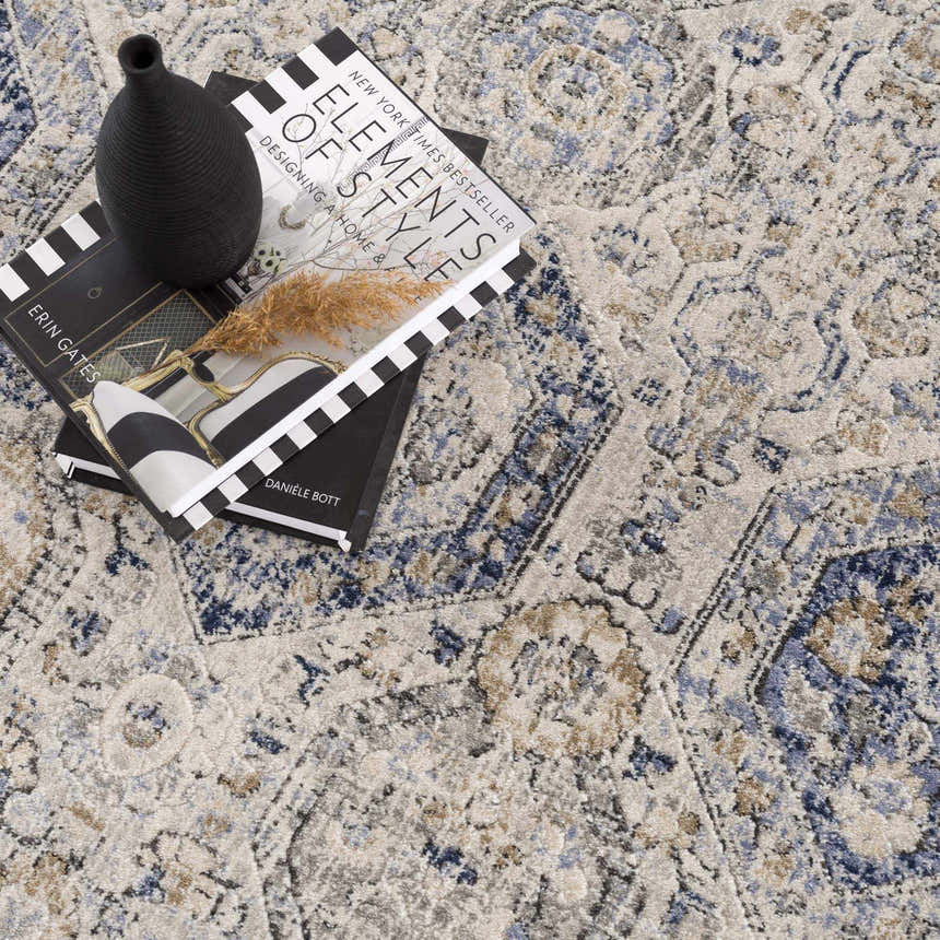 Close-up of Parkerfield Cream & Blue Area Rug. Features a beige, blue, and gray traditional pattern with a soft, textured pile. Styleshot
