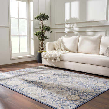 Living room with Parkerfield Blue Area Rug, beige sofa, wood floors, and bright natural light. Roomscene-Rectangle