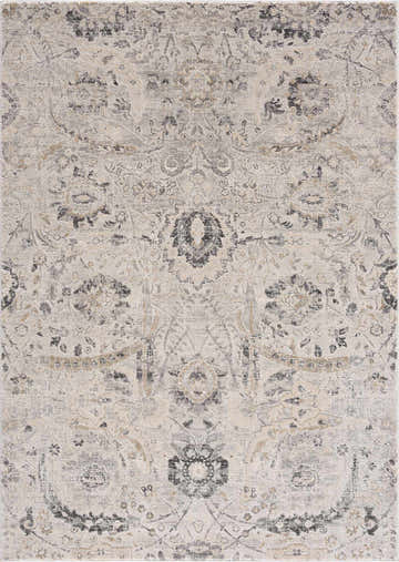 Close-up of the Georgiana Area Rug. Beige, black, charcoal, and gray floral and Persian design. Traditional style. Design-Rectangle-5373