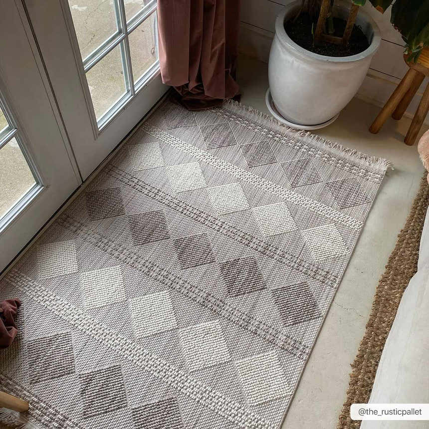 Entryway with beige Igone Area Rug. Farmhouse style with diamond pattern in beige, brown, and gray. Neutral tones. Roomscene-Rectangle