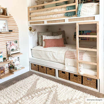 Kids bedroom with bunk beds and the Igor Shag Area Rug. Neutral tones and cozy farmhouse style. Roomscene-Rectangle