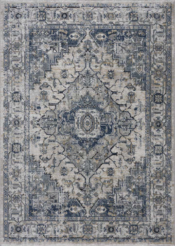Detailed view of the Murrindindi Area Rug. Bohemian style with blue, cream, gold, and gray traditional pattern. Design-Rectangle-5373