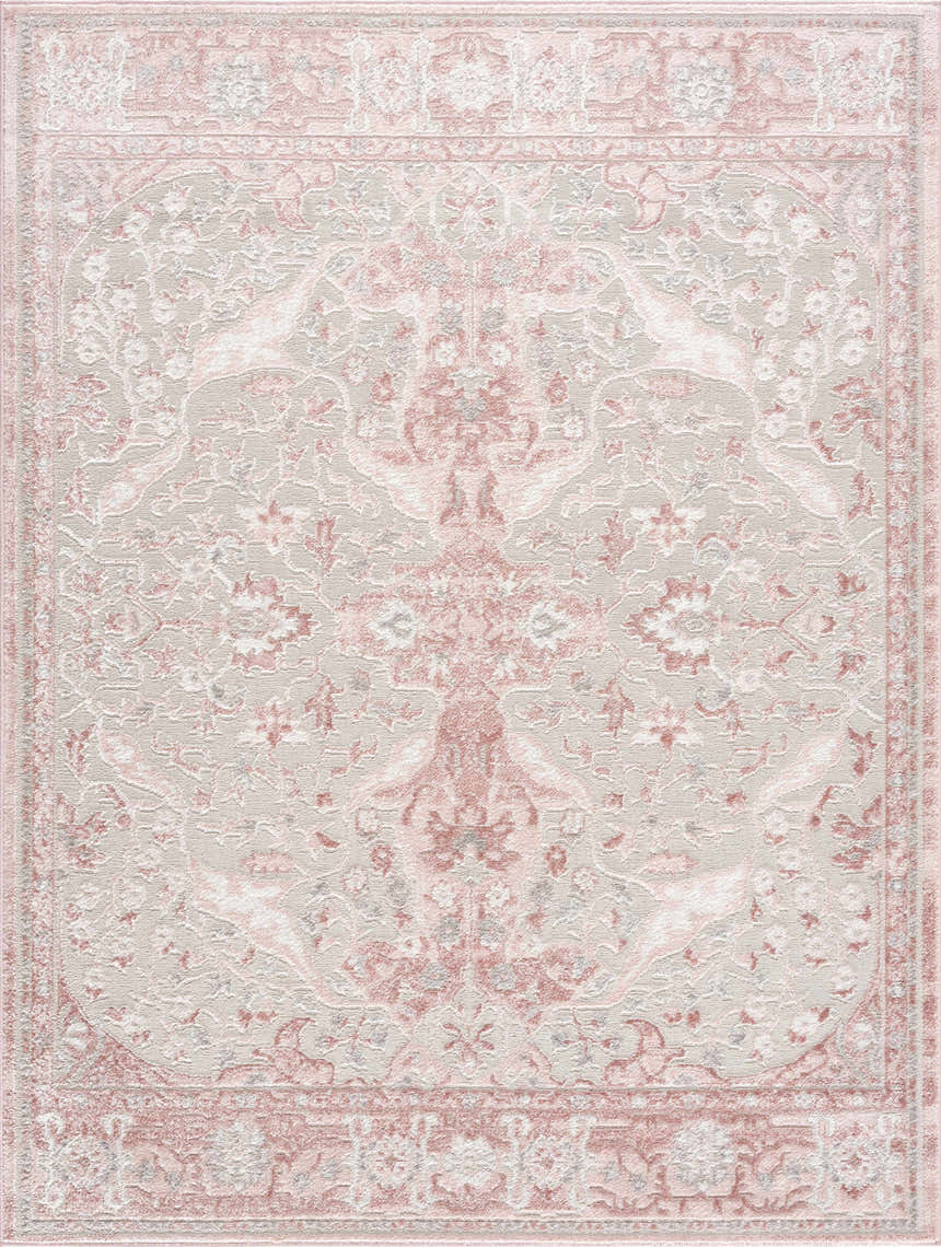 Close-up of the Zora Pink Area Rug featuring a traditional vintage design with gray and pink floral patterns. Design-Rectangle-5373
