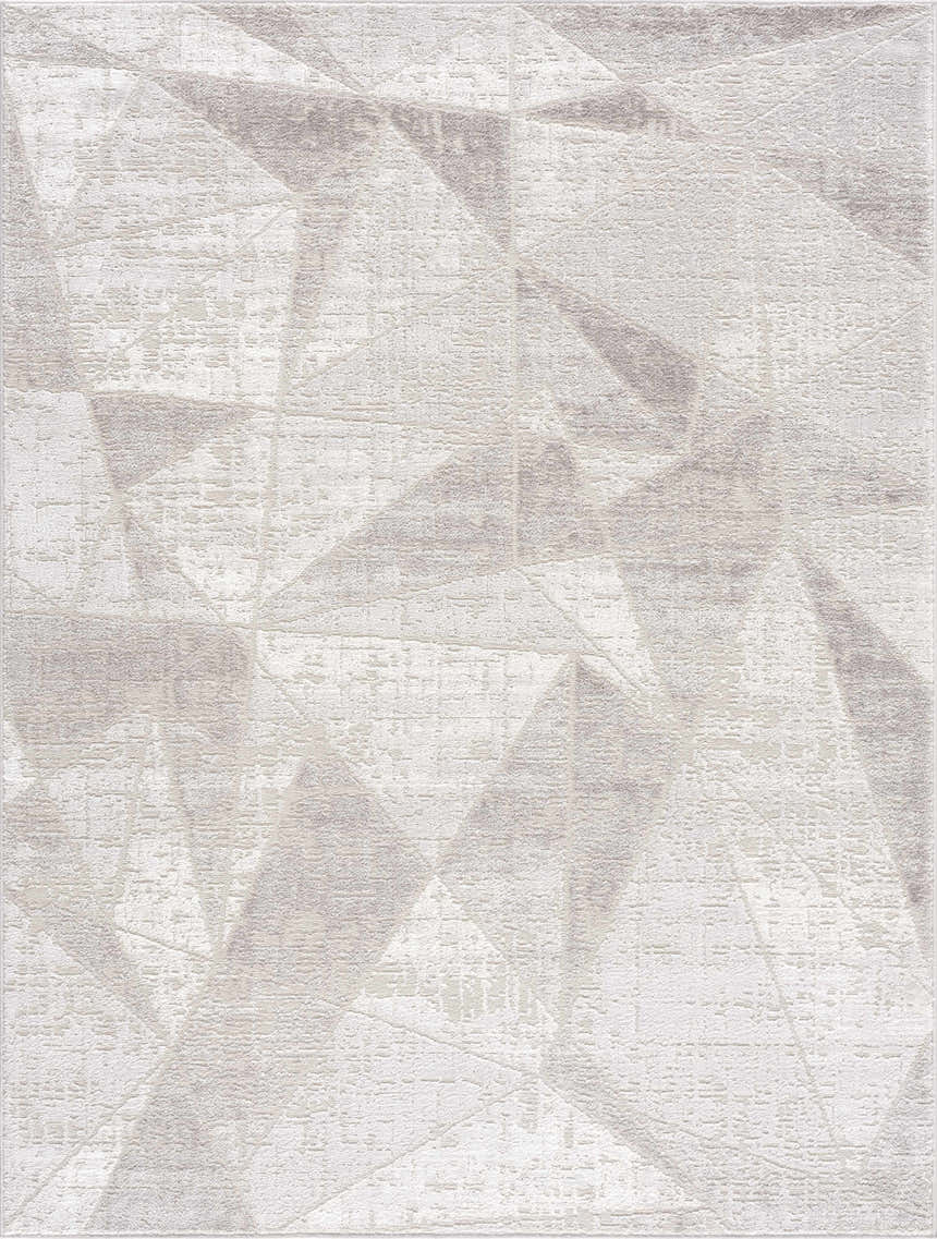Close-up of the Basia Area Rug with a modern geometric pattern in gray and light gray tones. Design-Rectangle-46
