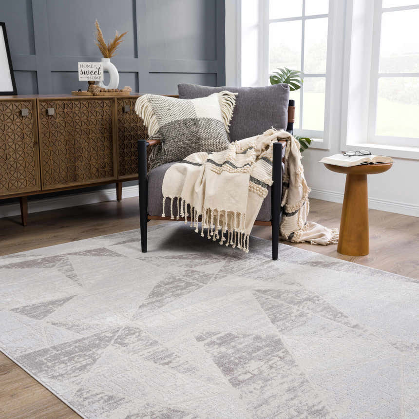 Living room scene with gray walls, wood cabinet, and Basia Area Rug in gray and light gray. Roomscene-Rectangle