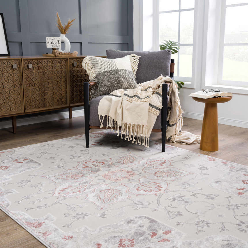 Living room scene with gray walls, wood furniture, and Calum Pink Floral Thick Area Rug. Roomscene-Rectangle