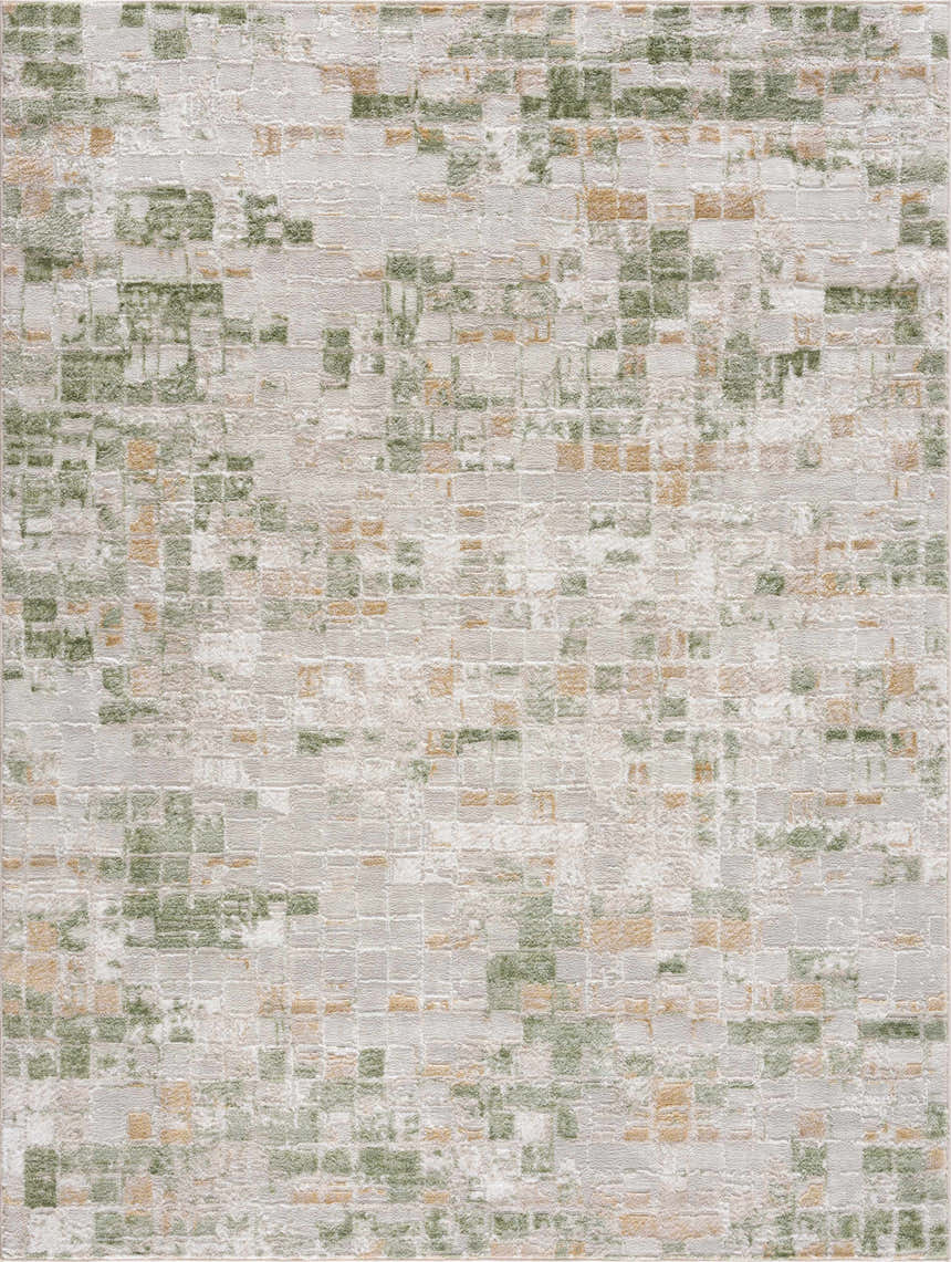 Close-up of the Liveri Green Mosaic Rug. Abstract design with green, gold, and ivory hues. Machine woven texture. Design-Rectangle